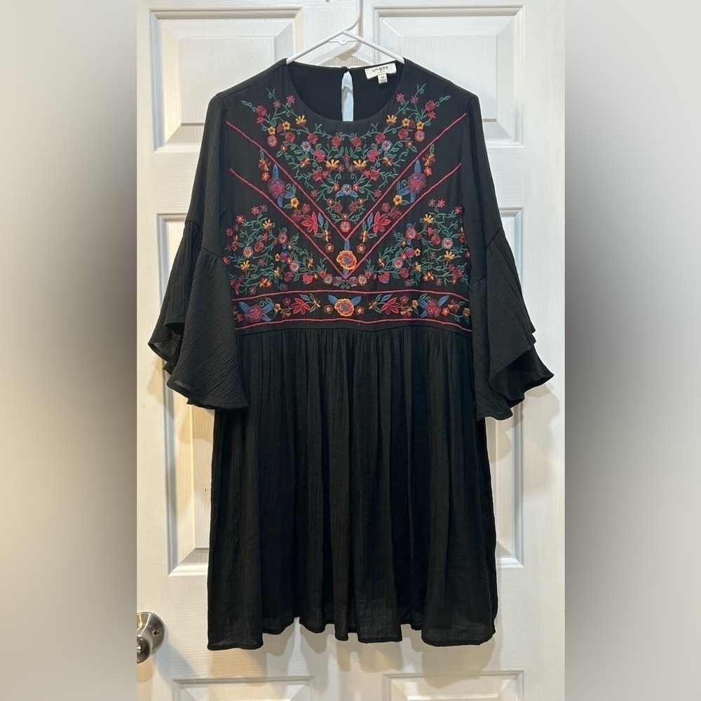 UMGEE Black Embroidered Tunic Dress Gauzy Boho Whimsy Goth Women Sz M